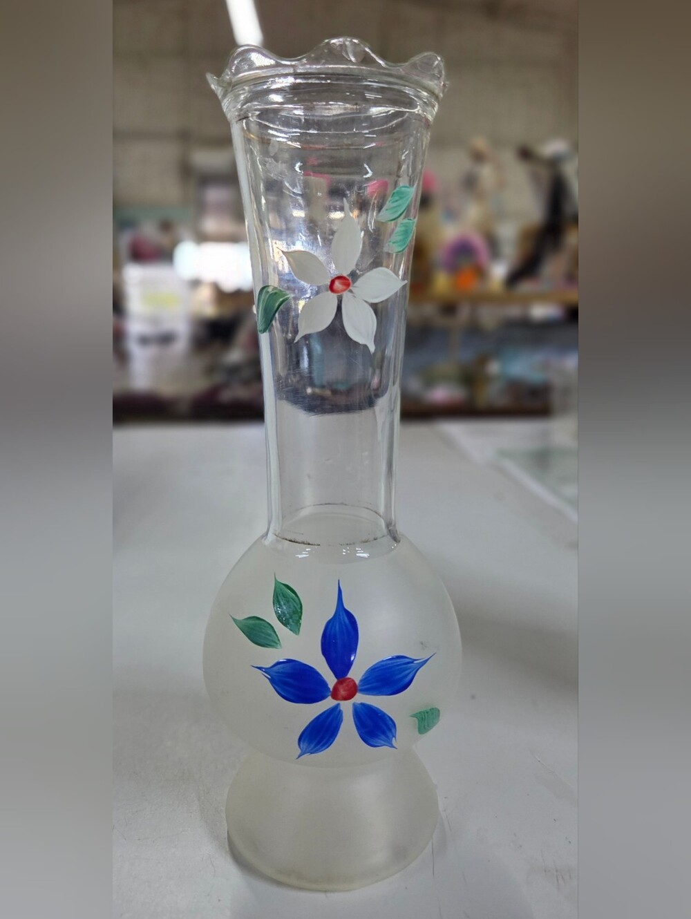 Vintage Bartlett Collins Hand Painted Flower Bud Vase Frosted Clear 9" MCM